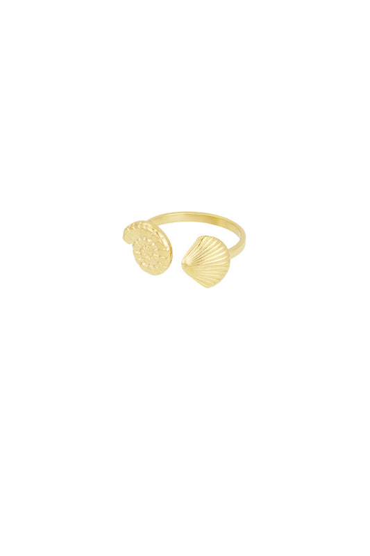 Gold open ring with detailed seashell and spiral shell motifs on white background