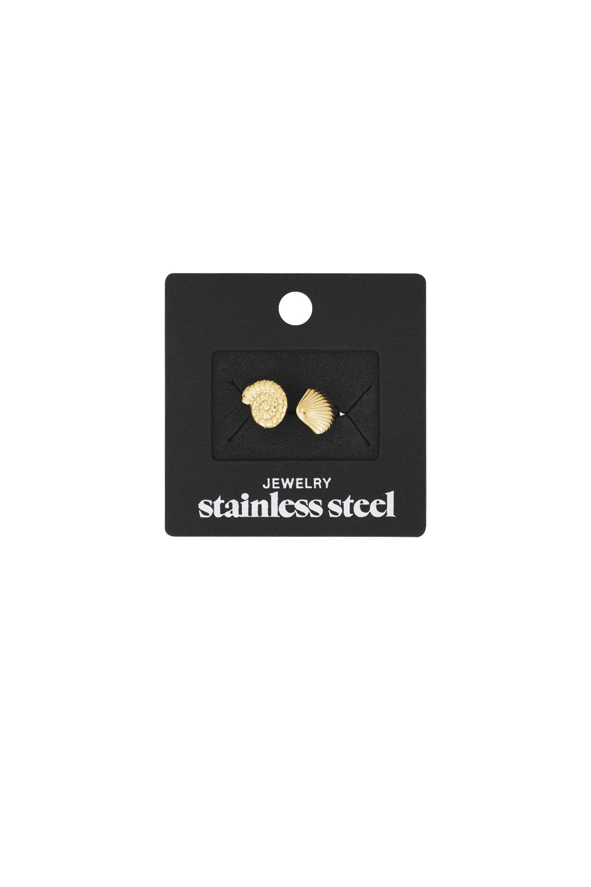 Gold and silver seashell open rings displayed on black card labeled stainless steel jewelry