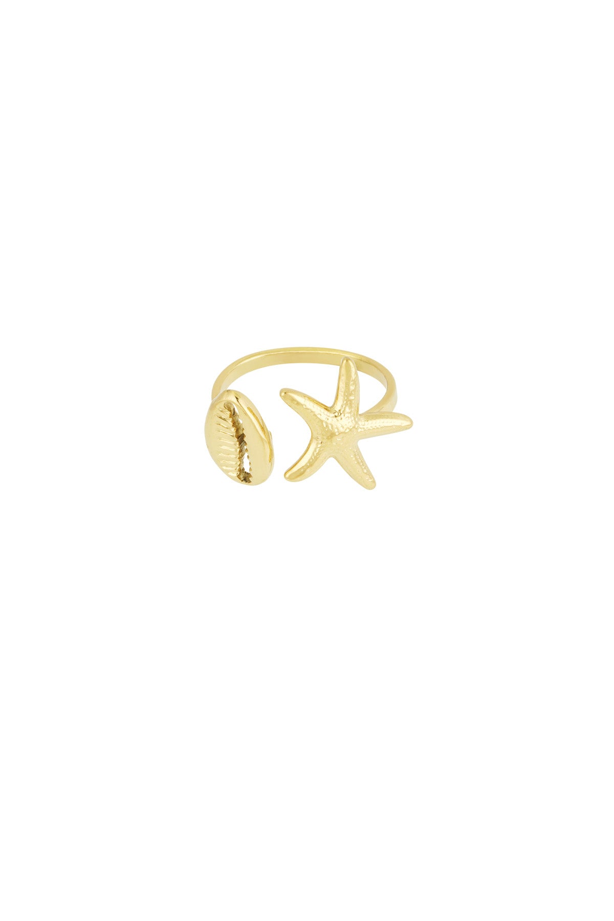 Gold-tone open ring with starfish and seashell charms on a white background