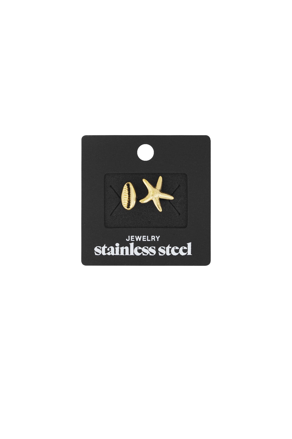 Starfish and seashell gold-tone ring displayed on black packaging card labeled stainless steel