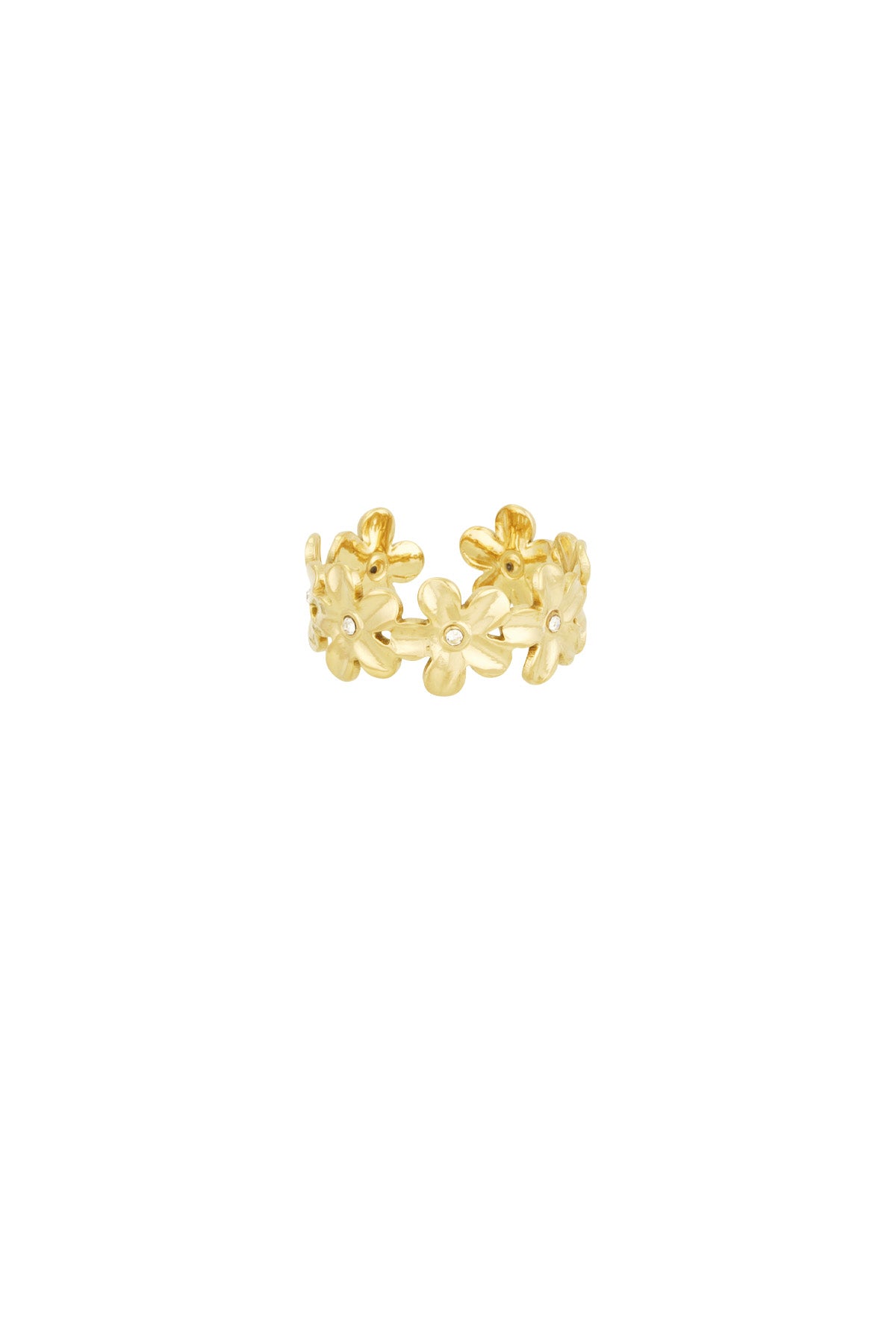 Gold daisy flower statement ring with crystal centres on white background