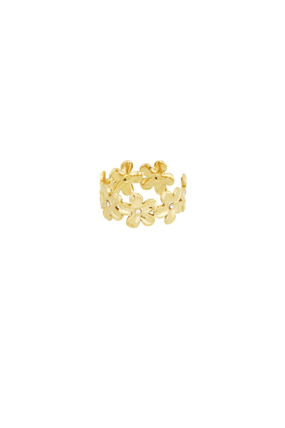 Gold daisy flower statement ring displayed on black jewellery card labelled stainless steel