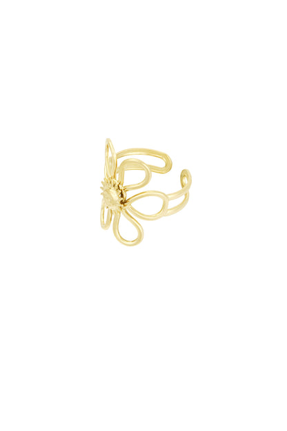 Side angle view of the open design gold-tone Sunshine Statement Ring showing loops forming a flower around the sun center