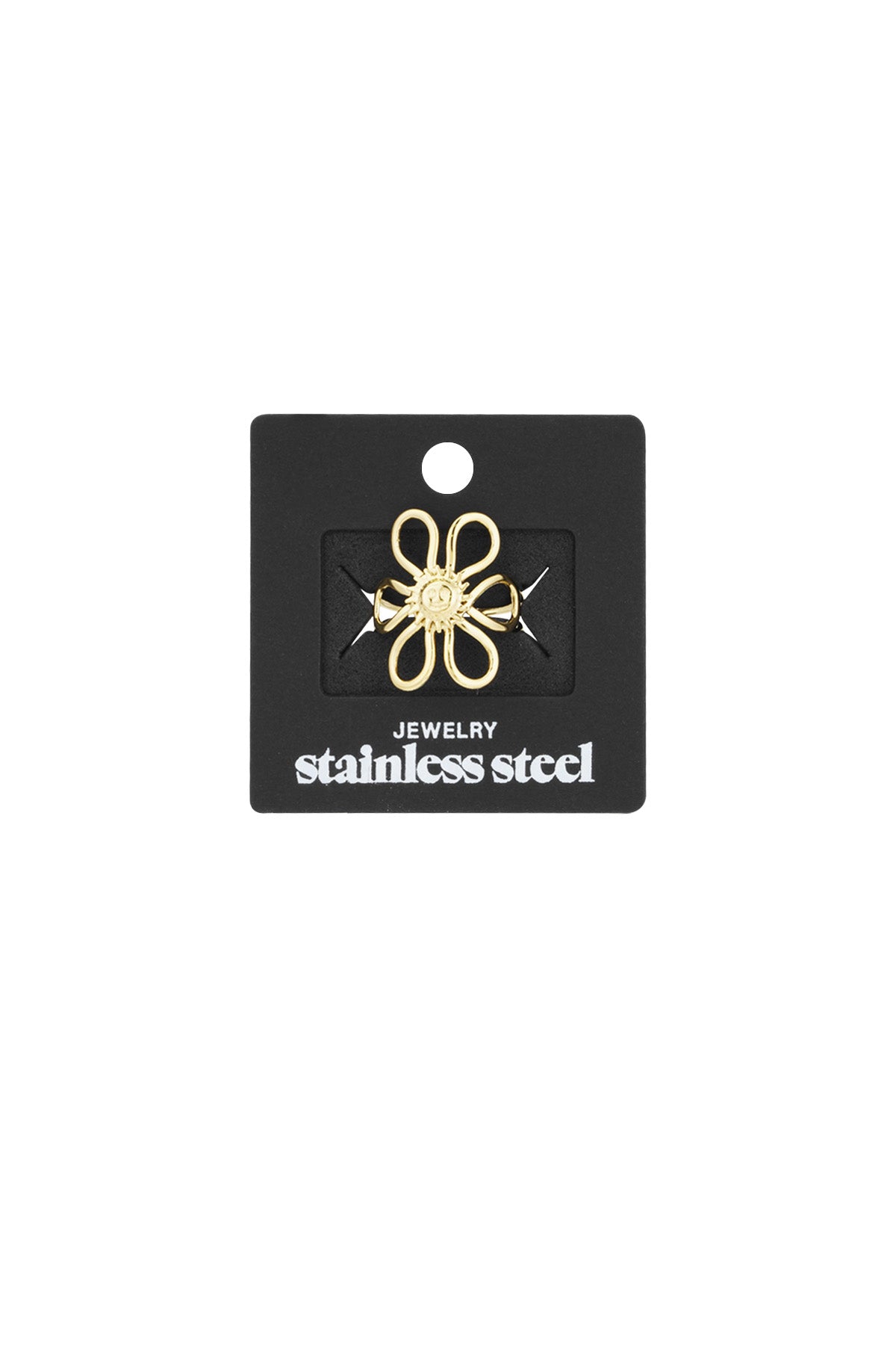 Gold-tone Sunshine Statement Ring displayed on black stainless steel jewelry card with 'stainless steel' printed on it