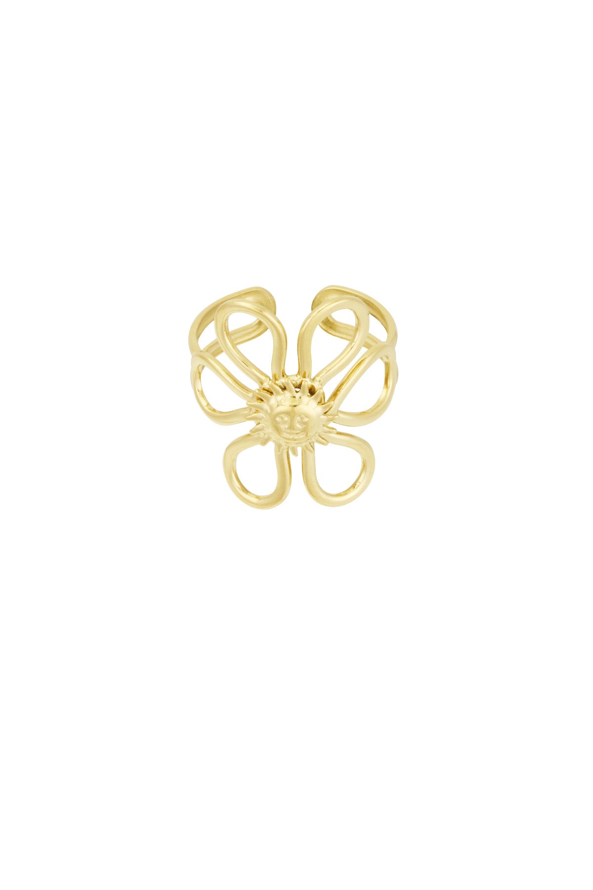 Gold-tone Sunshine Statement Ring featuring open loop flower petals with a smiling sun center on white background