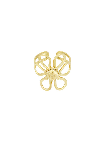 Gold-tone Sunshine Statement Ring featuring open loop flower petals with a smiling sun center on white background