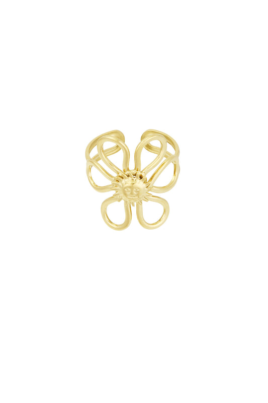 Gold-tone Sunshine Statement Ring featuring open loop flower petals with a smiling sun center on white background