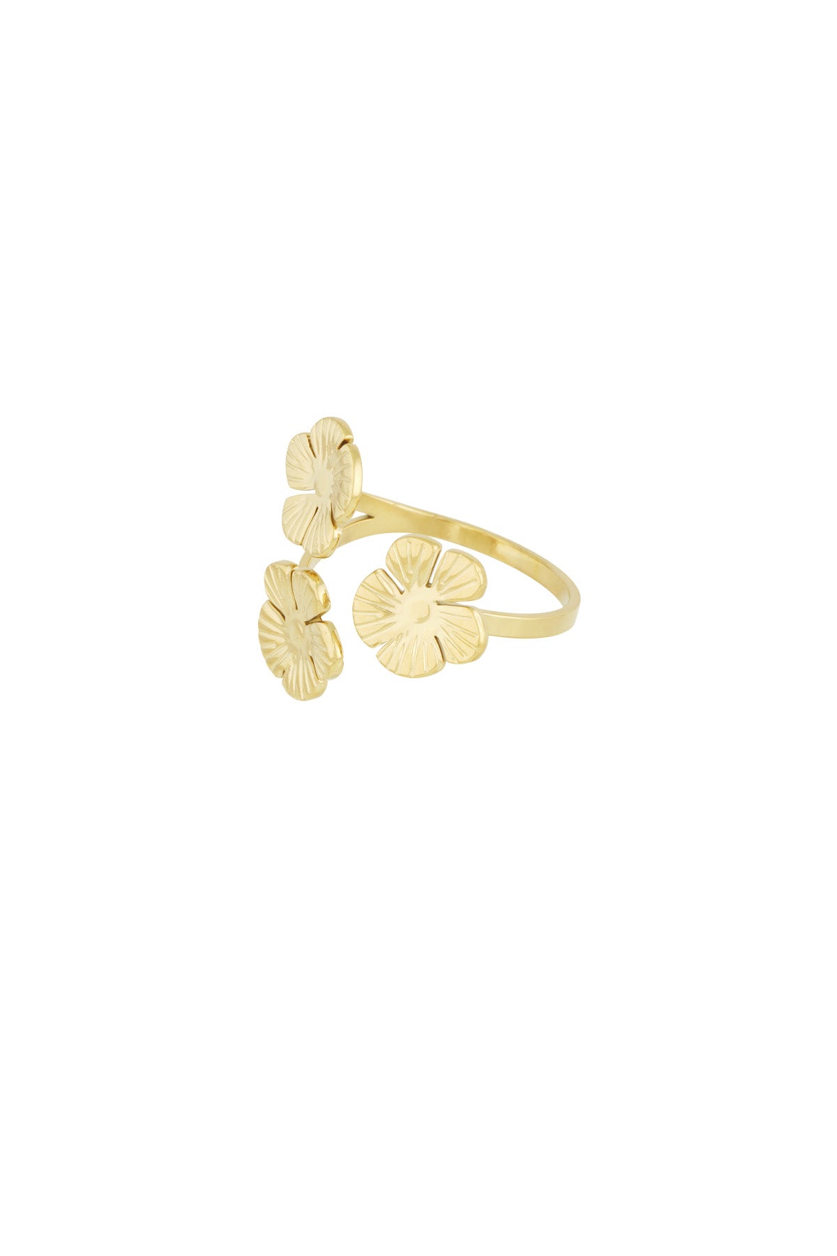 Side angle of gold floral trio statement ring showing open band and flower details