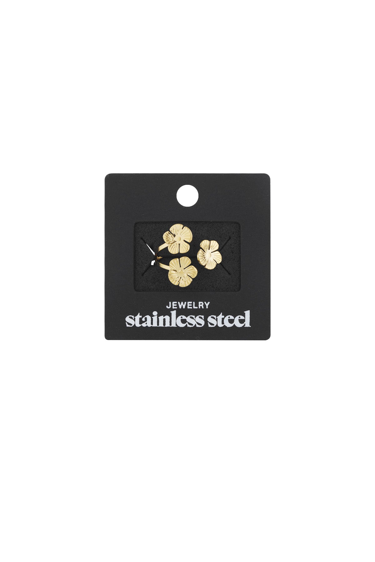 Gold floral trio ring displayed on black card labelled stainless steel jewelry