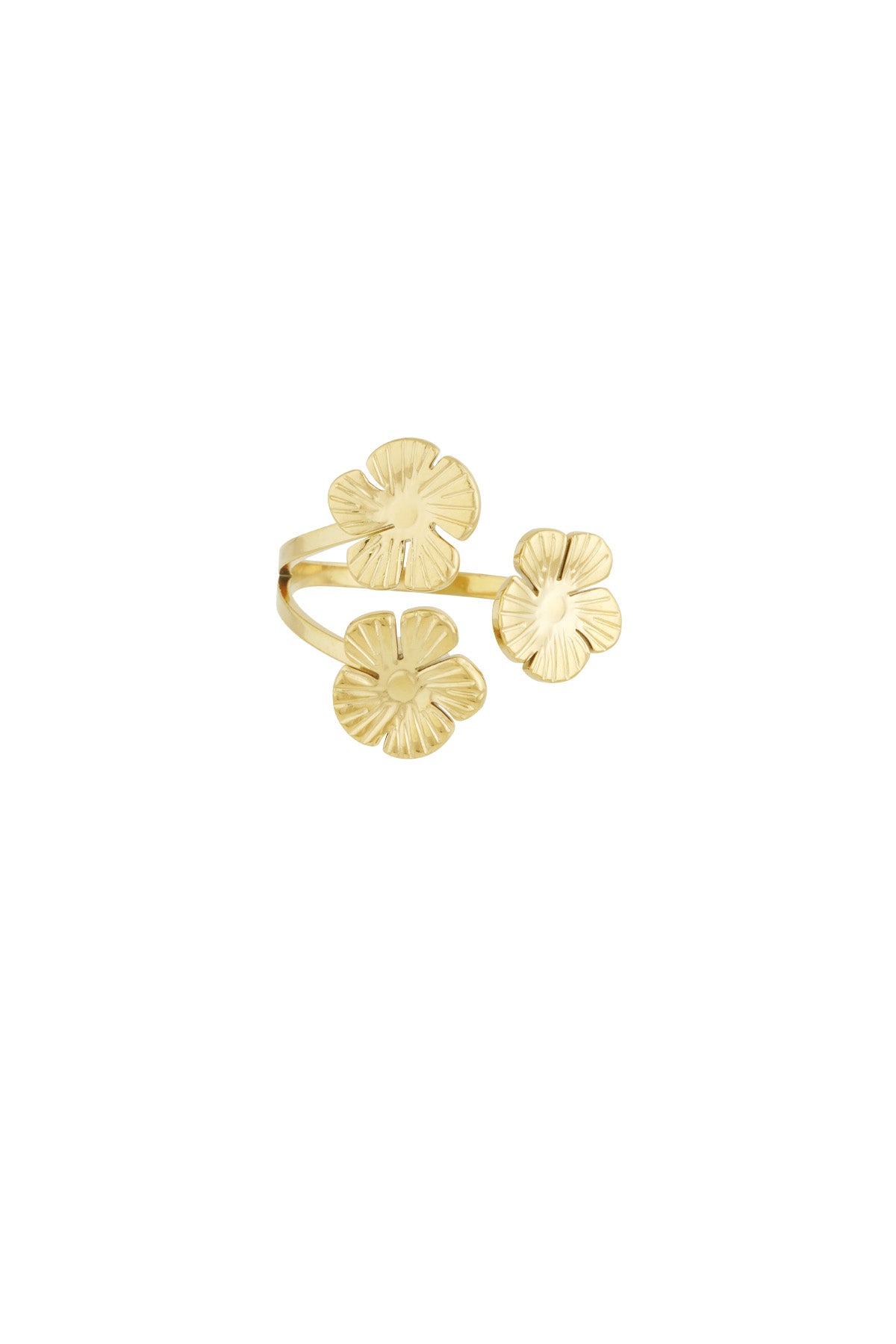 Gold floral trio statement ring with three textured flower motifs on white background