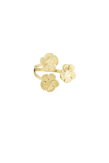 Gold floral trio statement ring with three textured flower motifs on white background