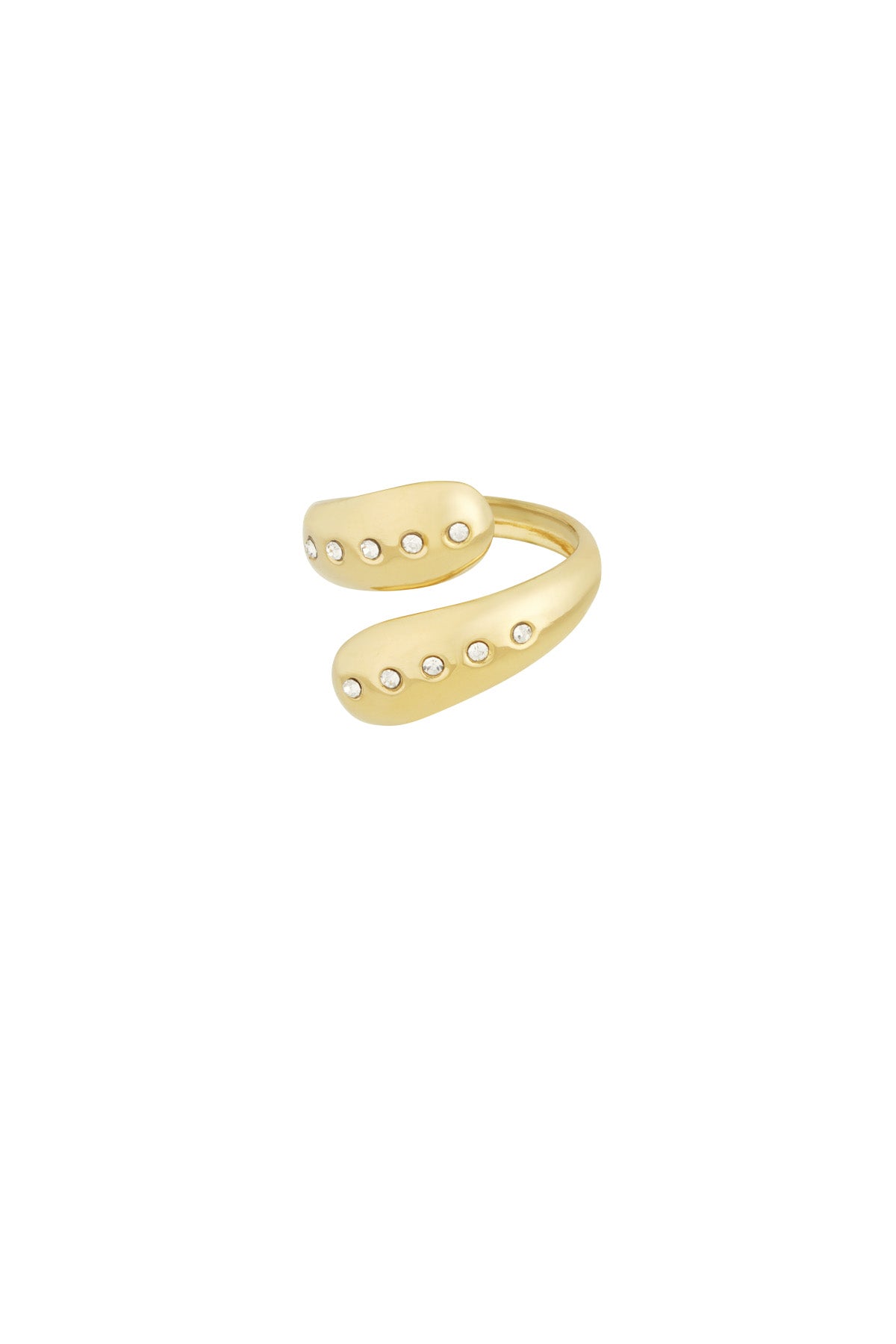 Close-up of a gold-toned wrap ring adorned with clear crystals on both open ends over a white background