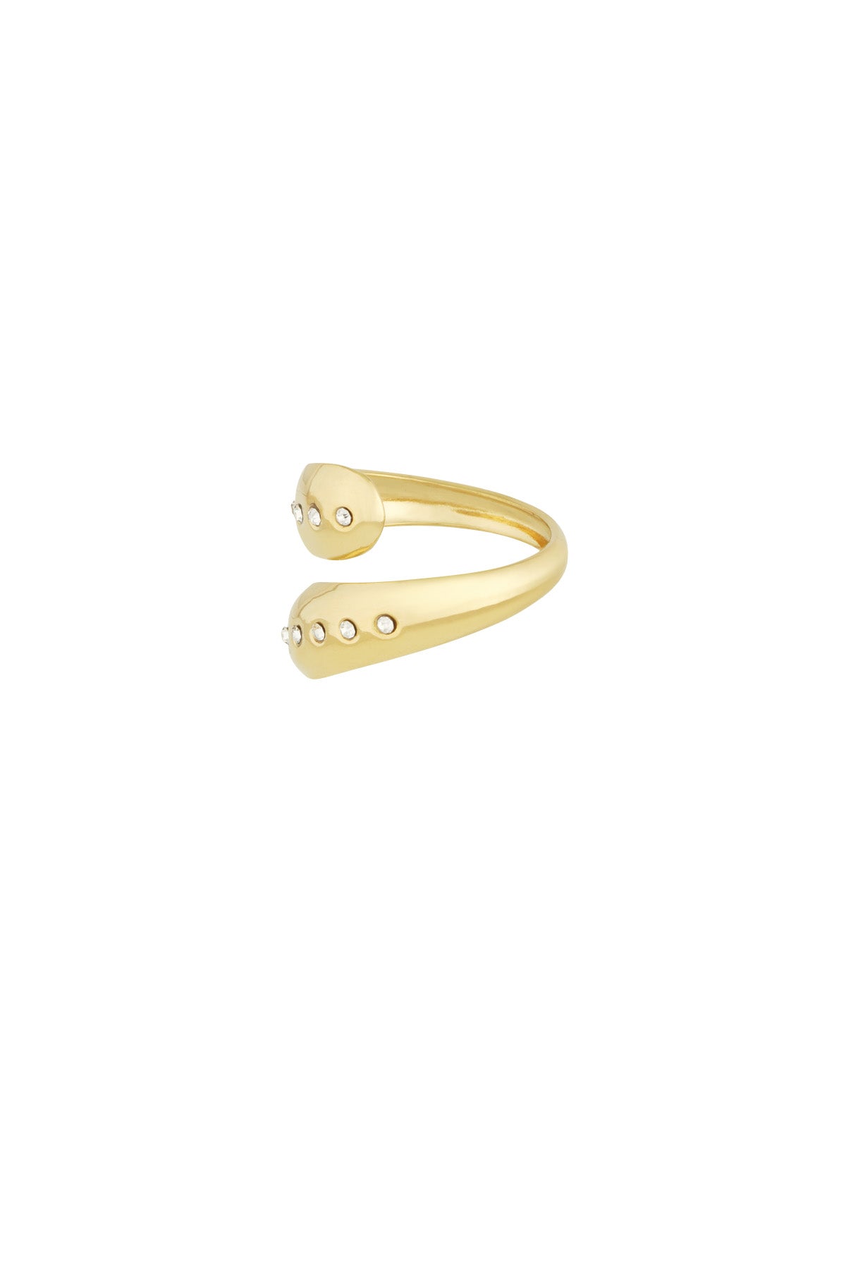 Angled studio shot of the gold wrap ring showing the embedded clear crystals and polished finish