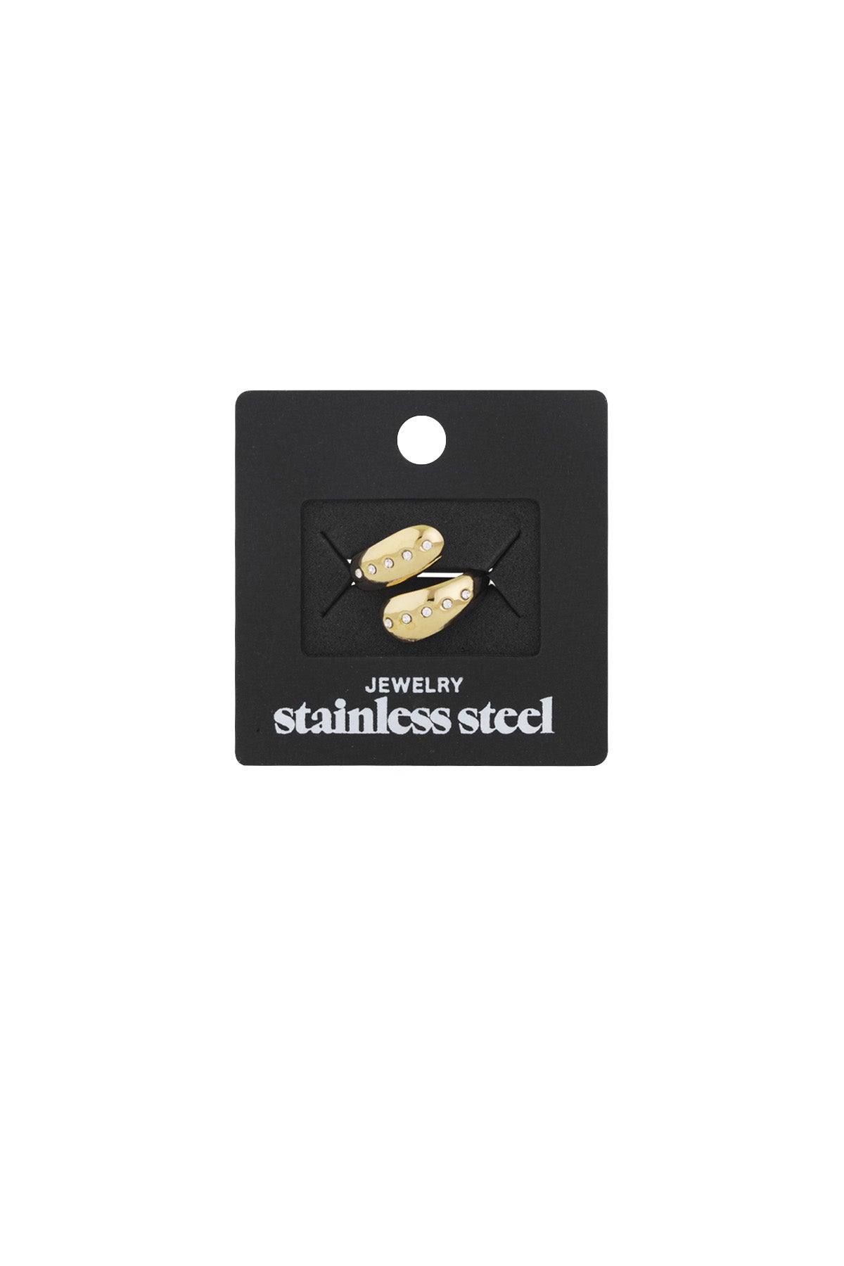 Gold wrap ring attached to a black card labeled 'stainless steel', highlighting its packaging and waterproof quality