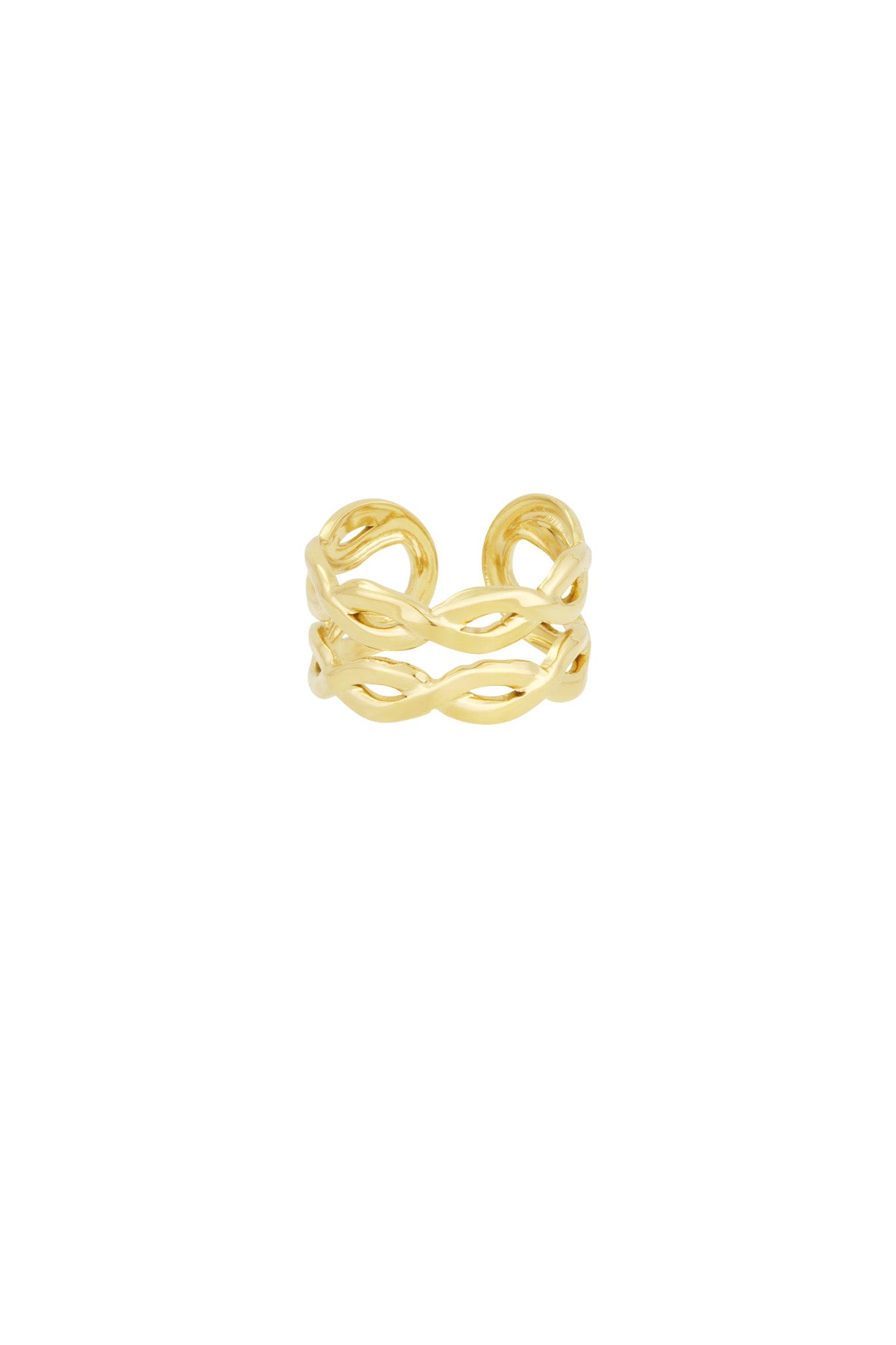 Gold twisted double band ring with an open swirl design on white background