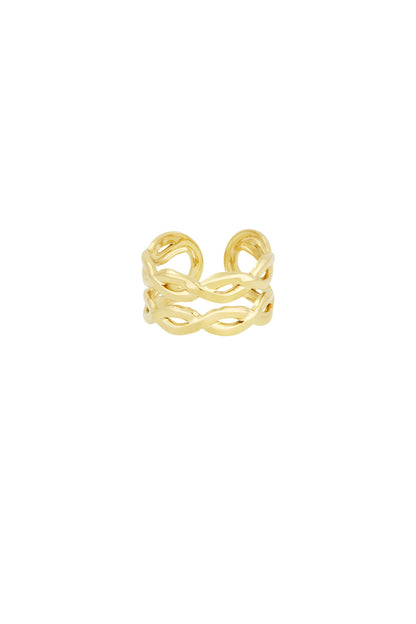 Gold twisted double band ring with an open swirl design on white background