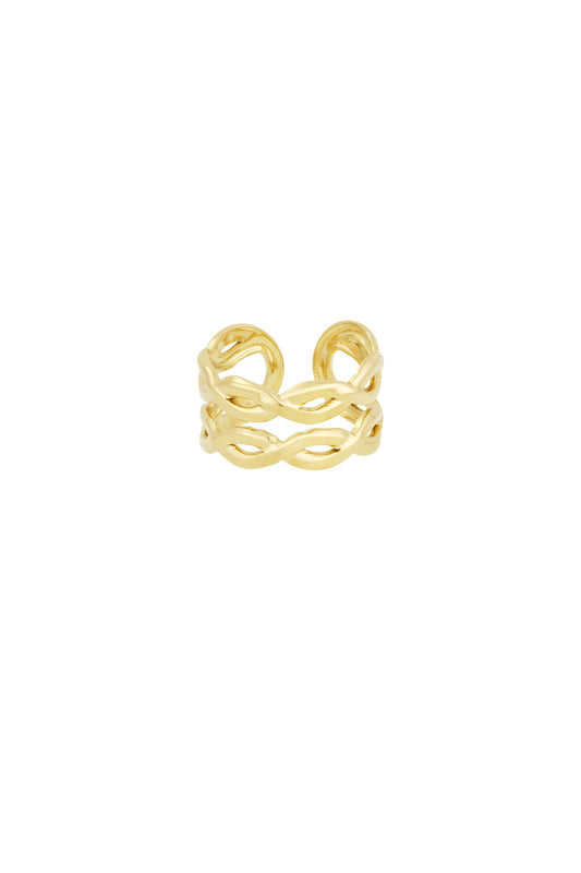 Gold twisted double band ring with an open swirl design on white background