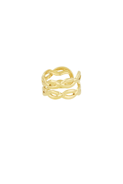 Gold twisted double band ring displayed on black stainless steel jewellery card packaging