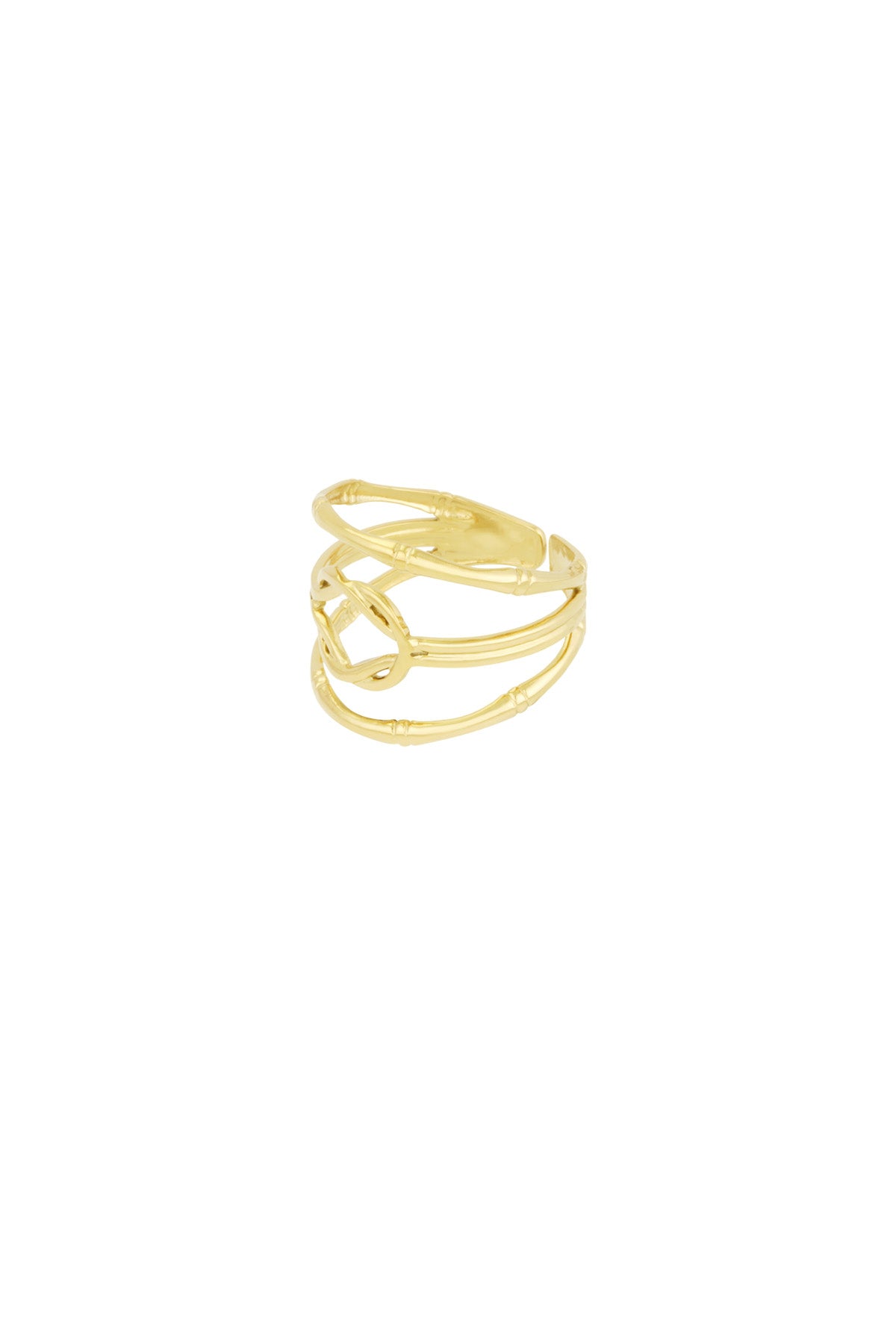 Angled view of the gold-tone layered knot statement ring on white background highlighting the knot design and adjustable open band