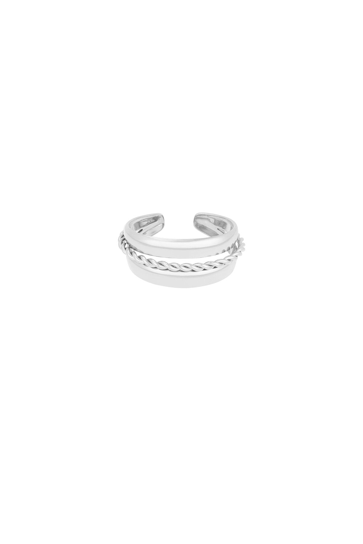 Silver stainless steel layered spiral ring isolated on white background, open-ended design