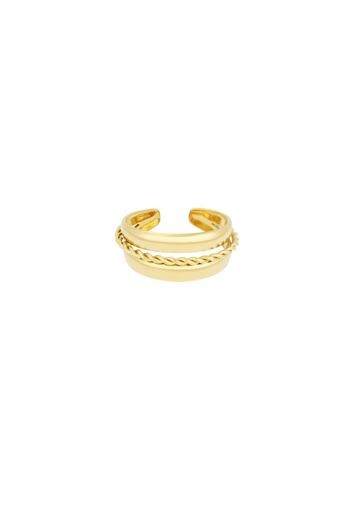 Layered spiral ring in shiny gold stainless steel with open-ended adjustable band
