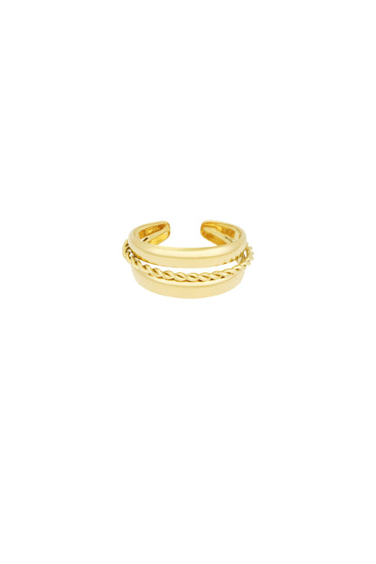 Layered spiral ring in shiny gold stainless steel with open-ended adjustable band