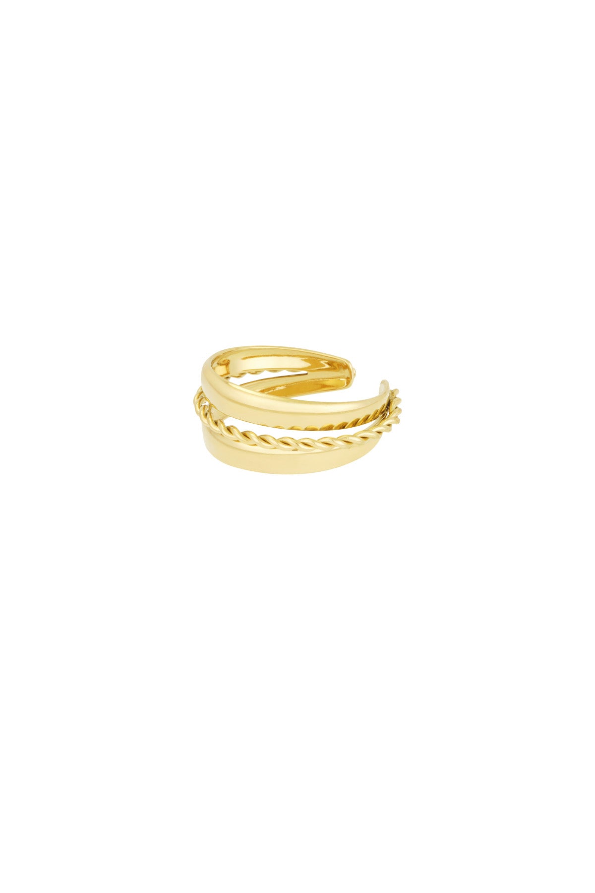 Gold stainless steel layered spiral ring on black jewelry display card labeled stainless steel