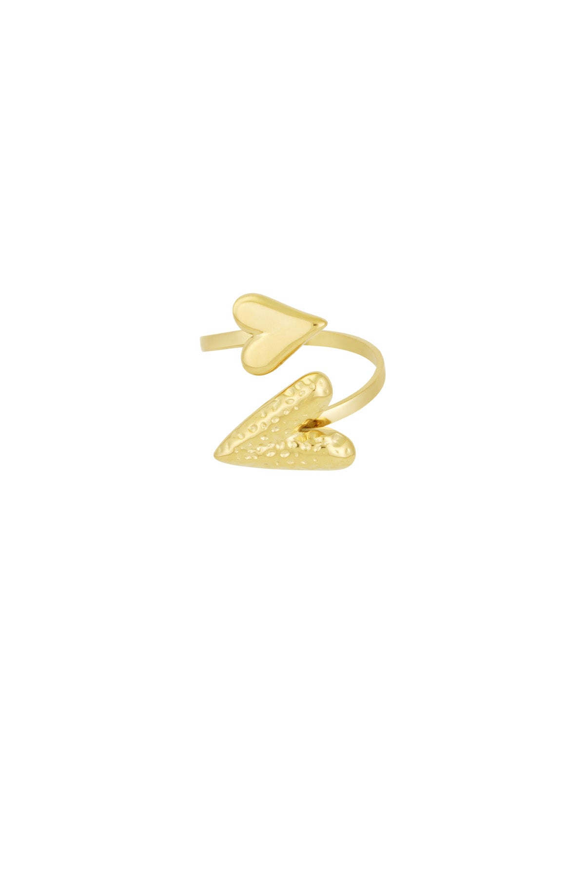 Gold adjustable wrap ring with two heart shapes, one smooth and one hammered, isolated on white background