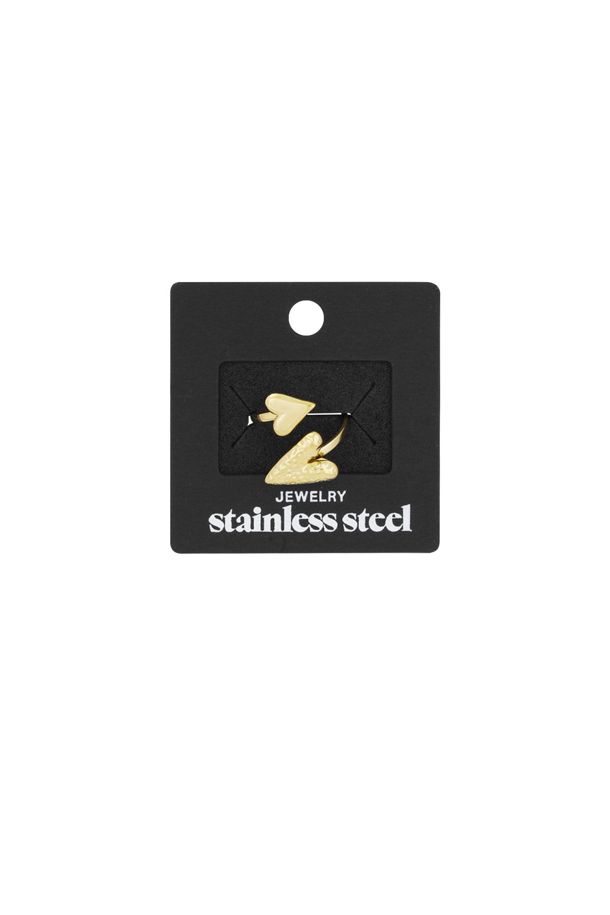 Gold dual heart wrap ring displayed in black packaging labeled 'stainless steel jewelry'
