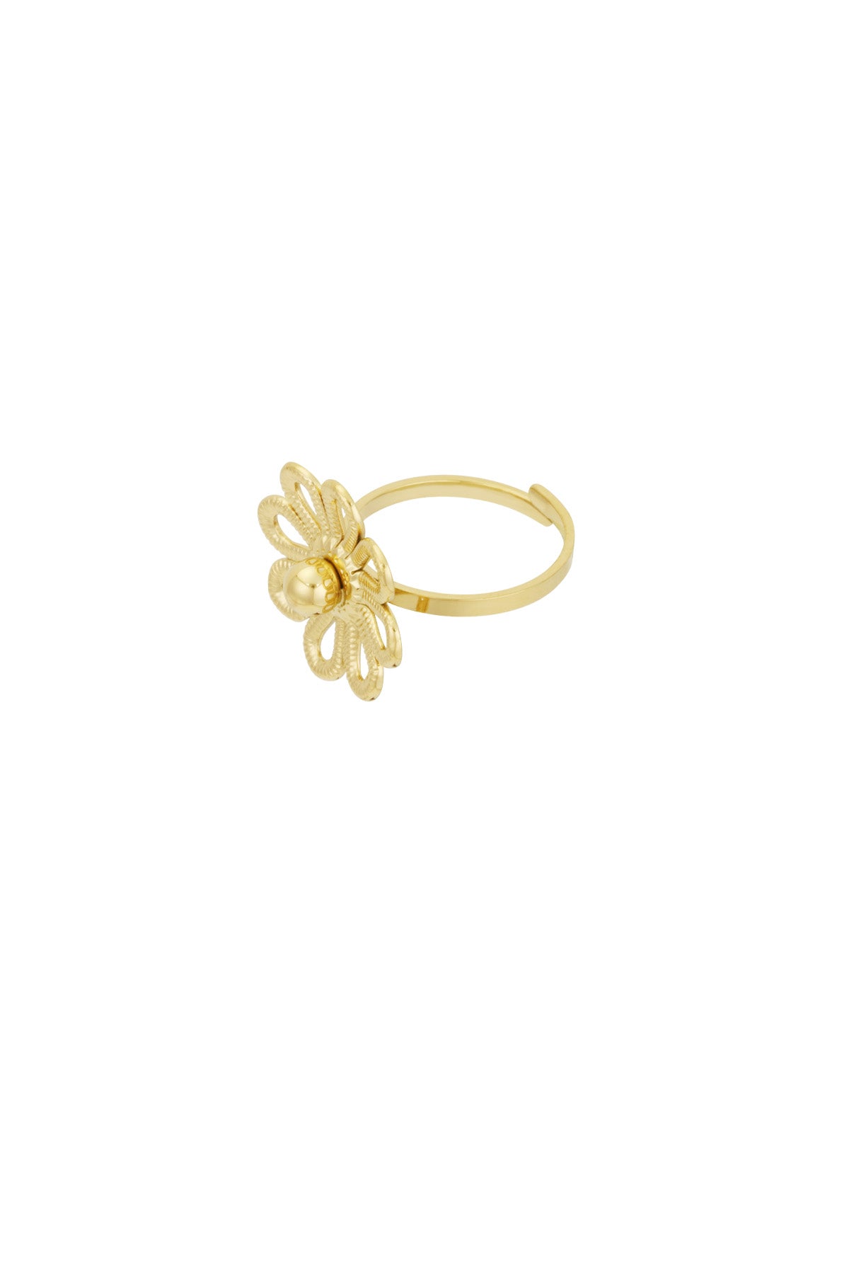Side view of gold flower statement ring showing open adjustable band