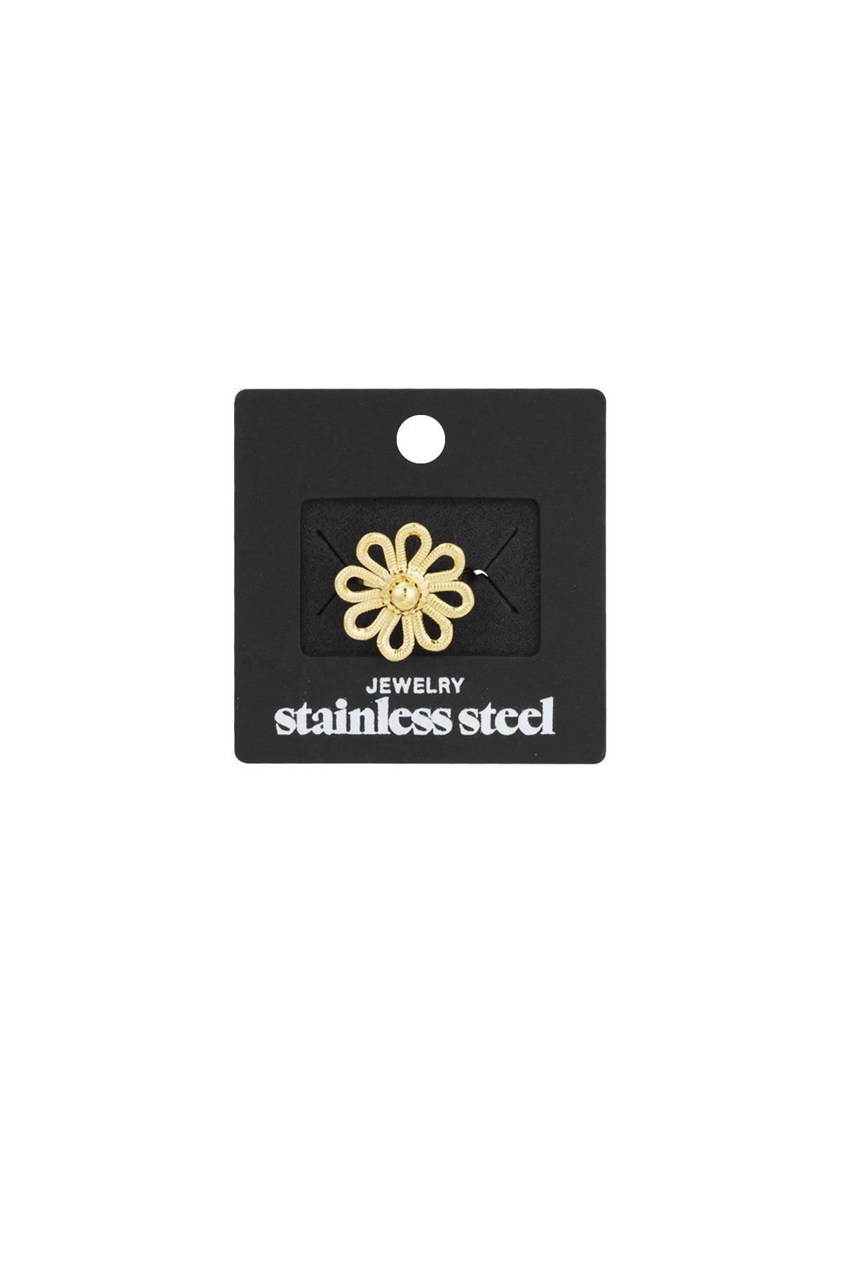 Gold flower statement ring displayed on black jewelry card labelled stainless steel