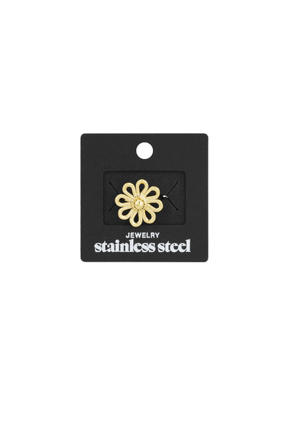 Gold flower statement ring displayed on black jewelry card labelled stainless steel