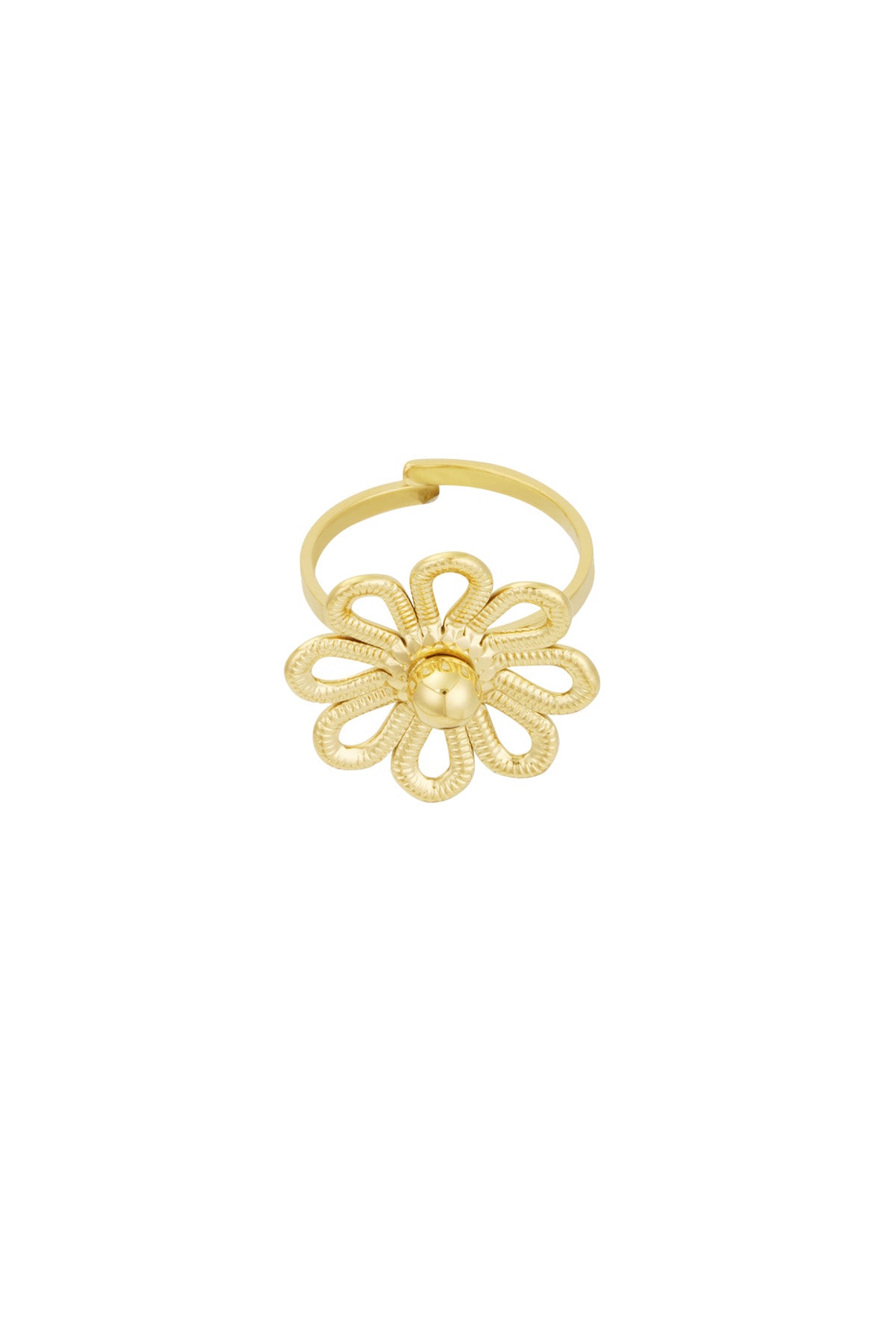 Close-up of gold flower statement ring with textured looping petals on white background