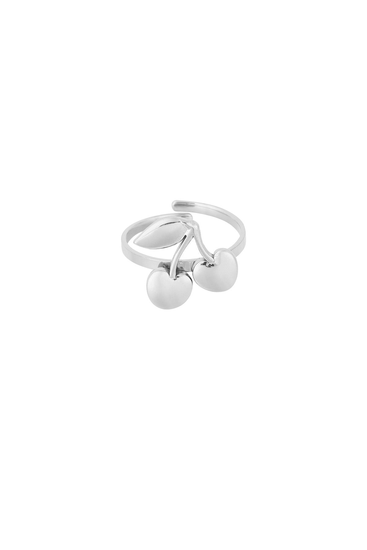 Silver stainless steel cherry statement ring with high polish finish and adjustable band shown on white background