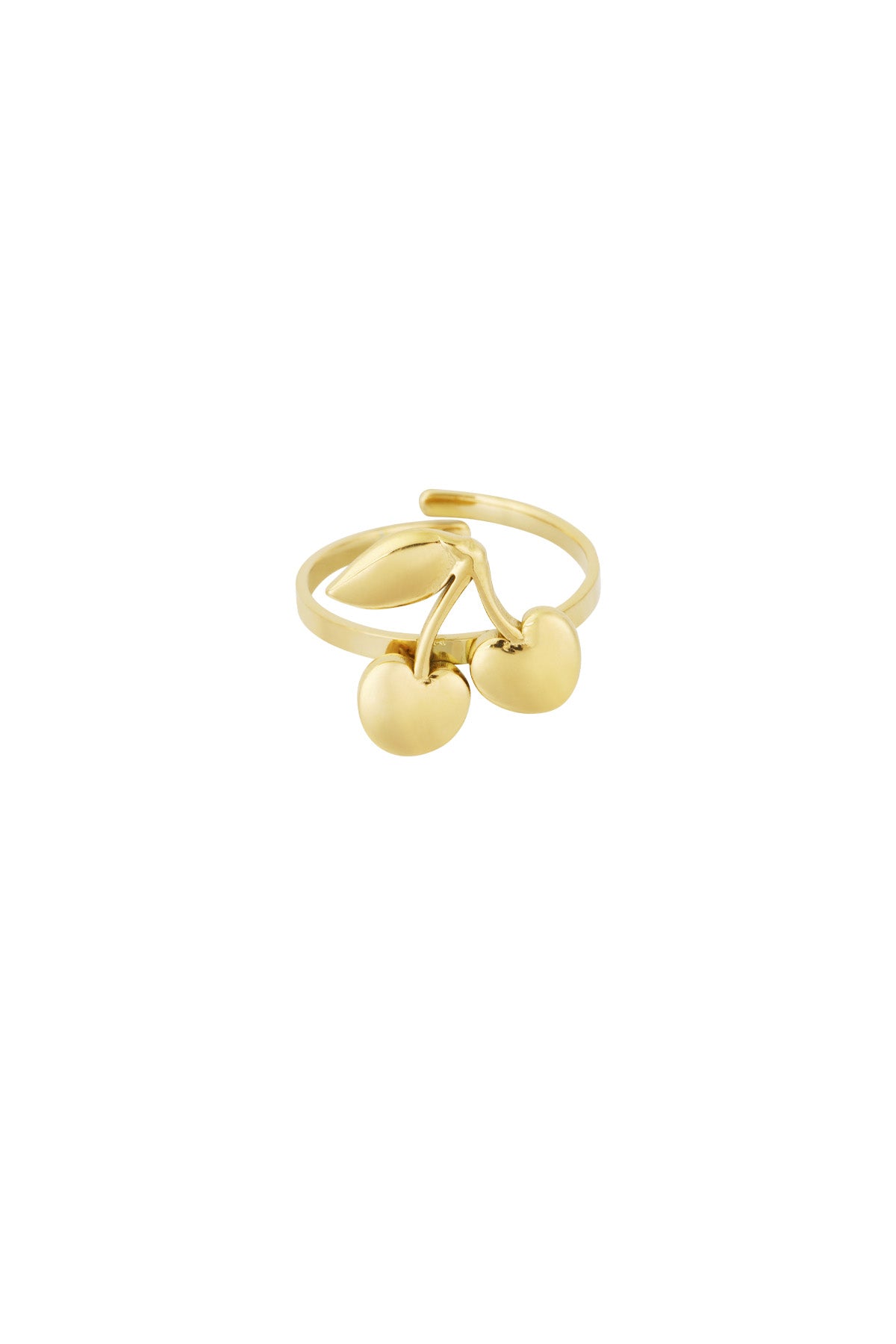 Gold stainless steel statement ring featuring two cherry charms and a leaf detail on an adjustable band