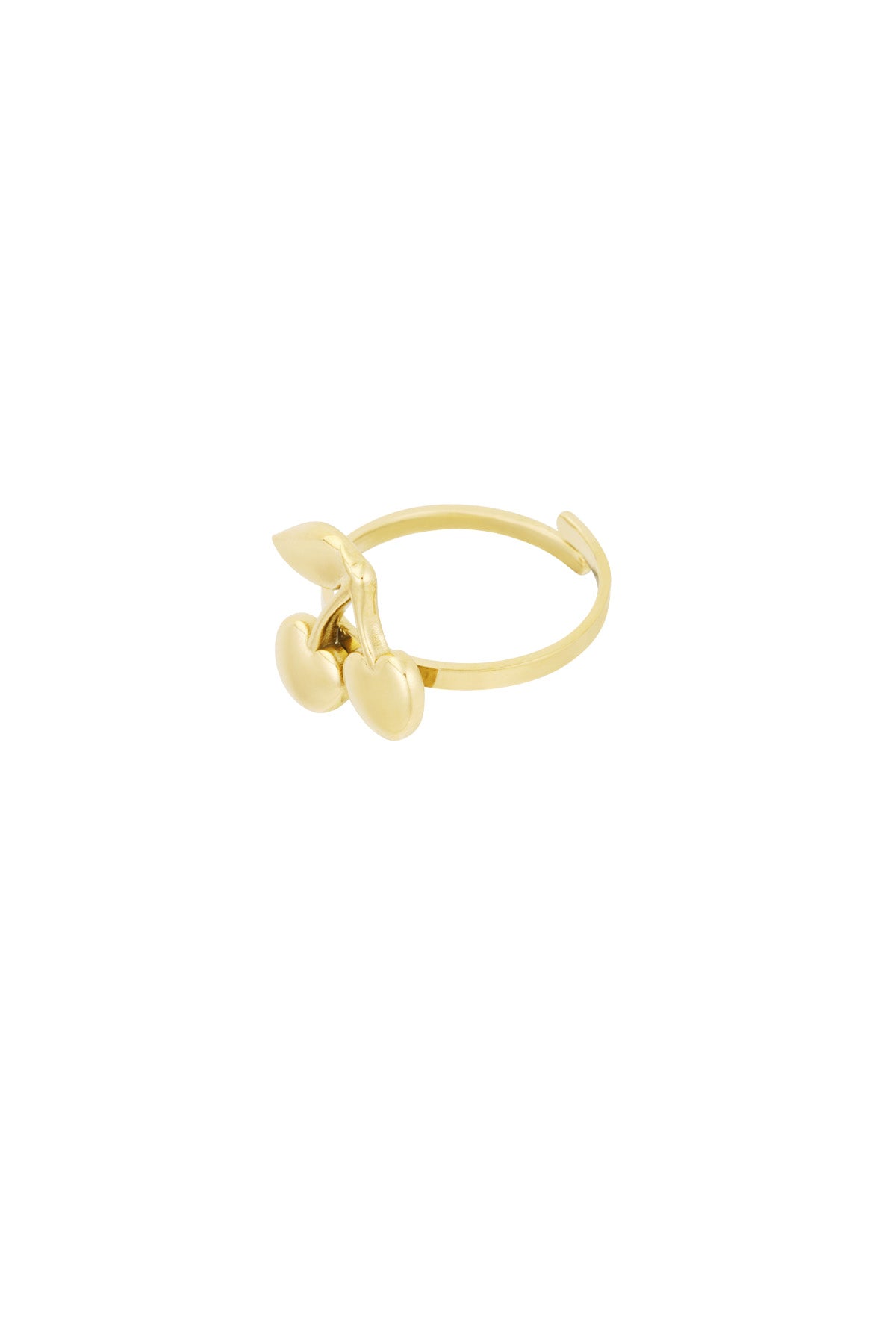 Side view of the gold cherry ring highlighting the cherry and leaf charm detail on an open band