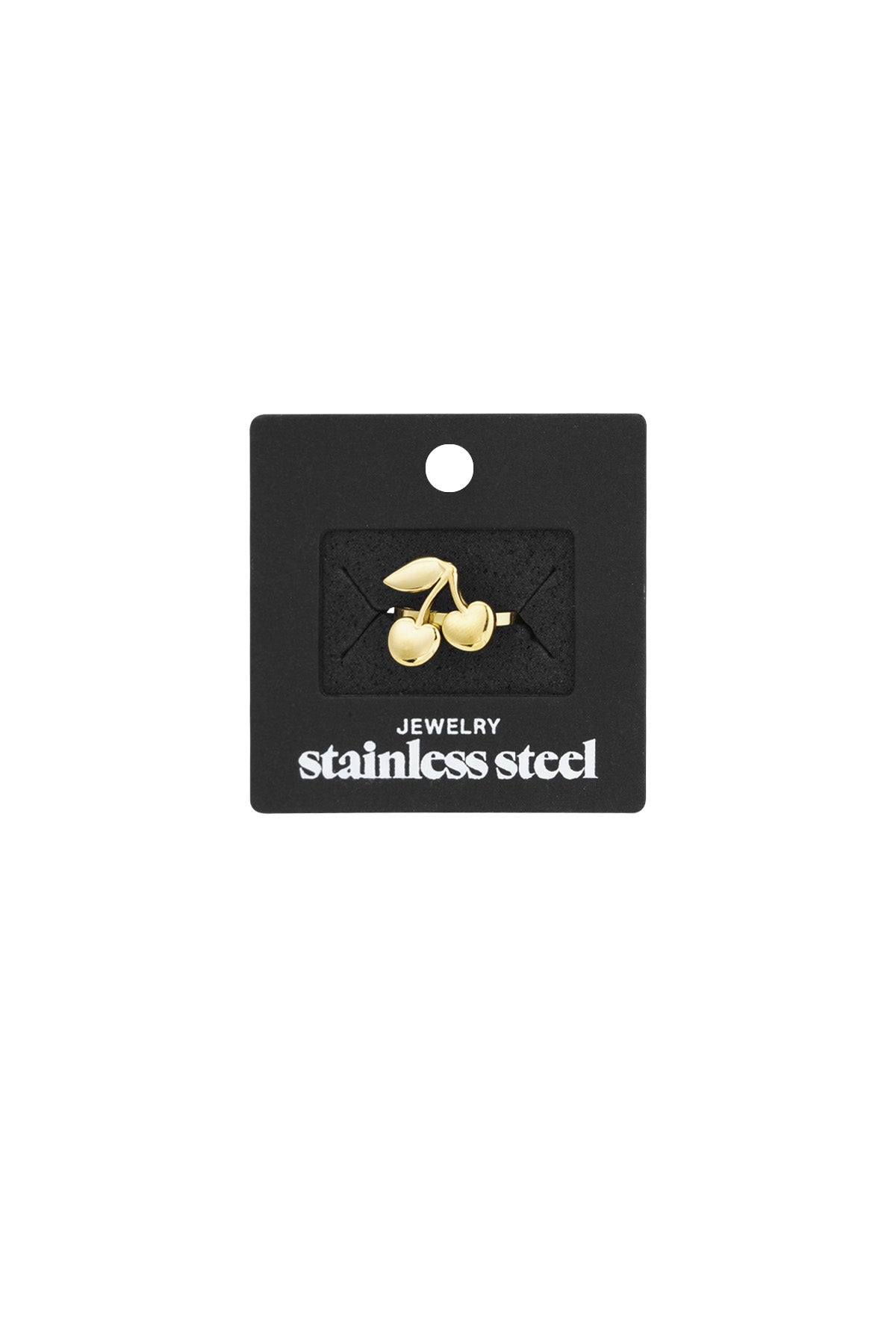Gold cherry ring displayed on black card packaging labelled 'stainless steel jewelry'