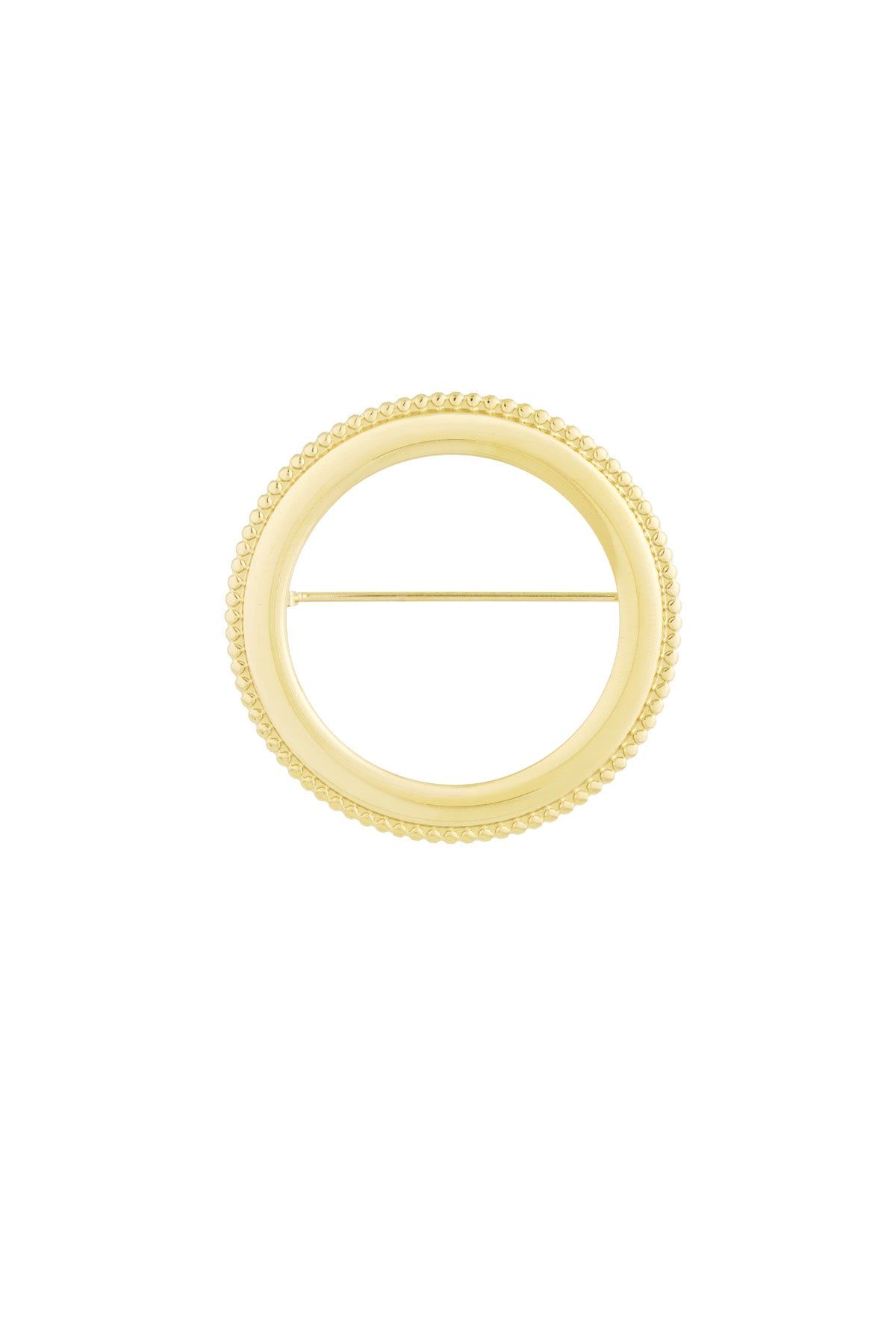 Close-up front view of an elegant gold circle brooch with beaded edge detailing on white background