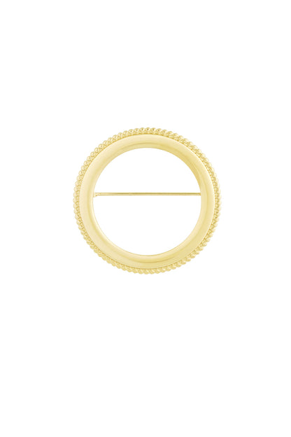 Close-up front view of an elegant gold circle brooch with beaded edge detailing on white background
