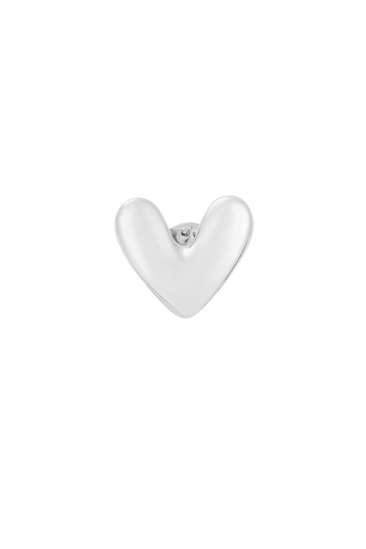 Silver polished heart brooch with smooth rounded edges on a white background