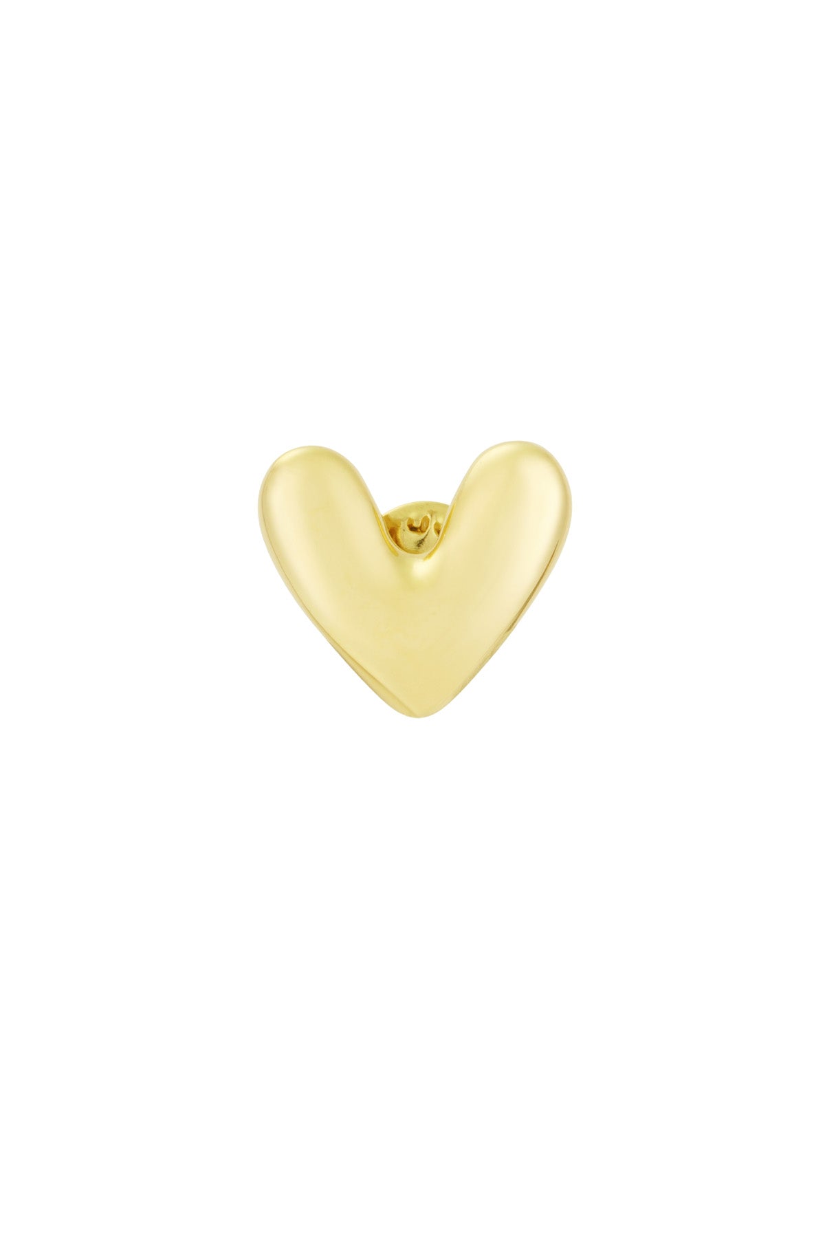 Gold polished heart brooch with smooth rounded edges on a white background