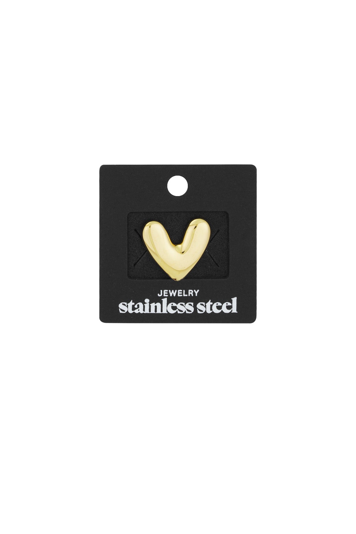 Gold heart brooch displayed on black packaging card labeled 'stainless steel jewelry'