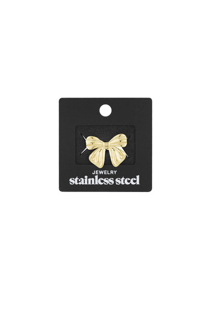 Gold bow brooch showcased on black jewelry card labeled stainless steel
