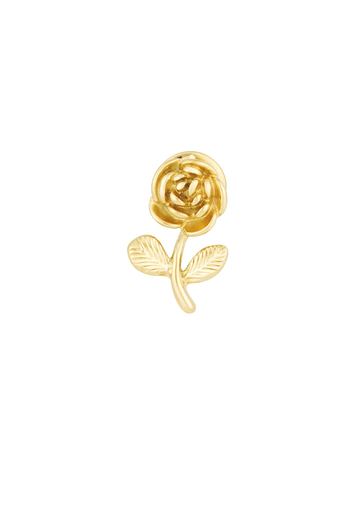 Close-up of a gold rose-shaped brooch with detailed petals and leaves on a white background