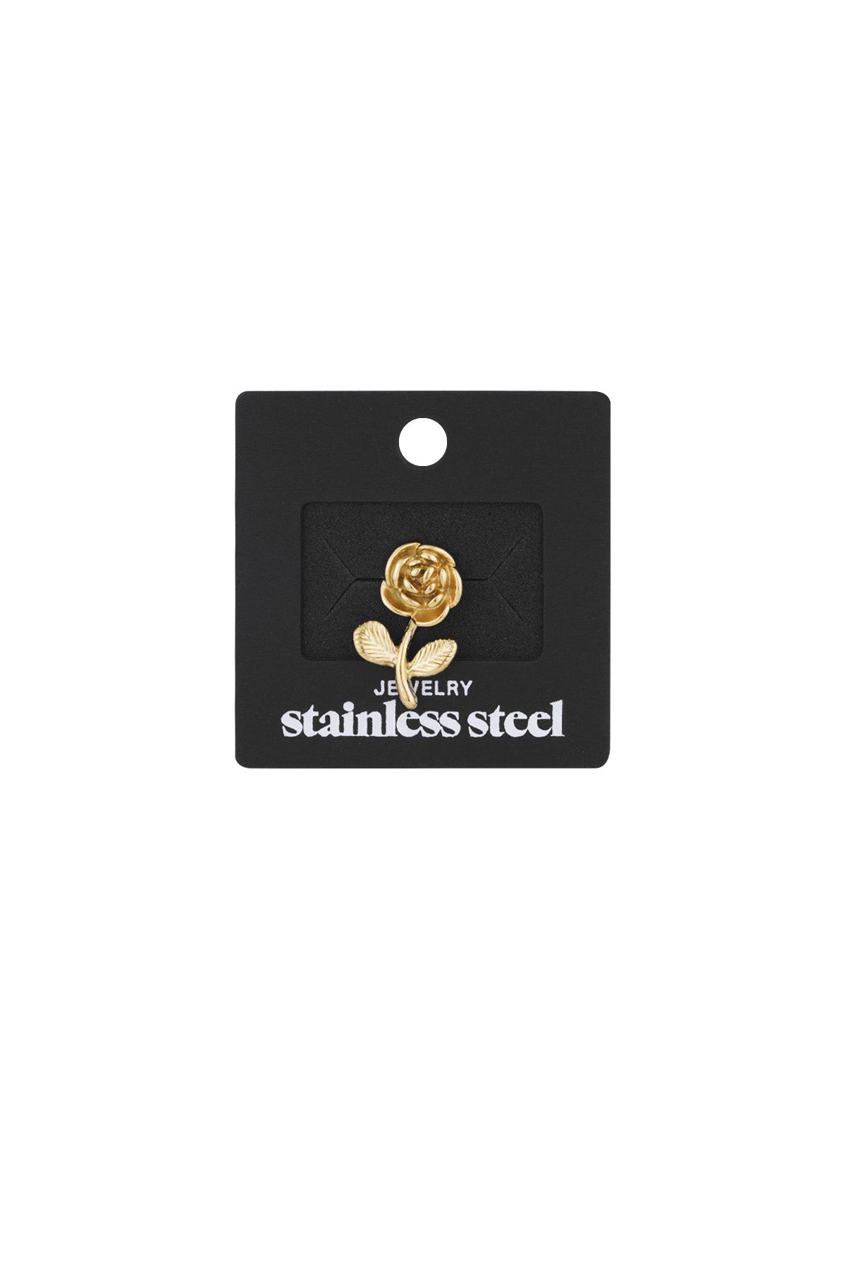 Gold rose brooch displayed on a black card labeled 'stainless steel jewelry' for packaging view