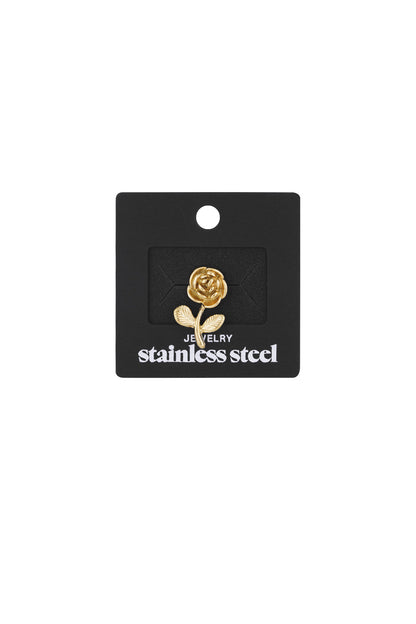 Gold rose brooch displayed on a black card labeled 'stainless steel jewelry' for packaging view