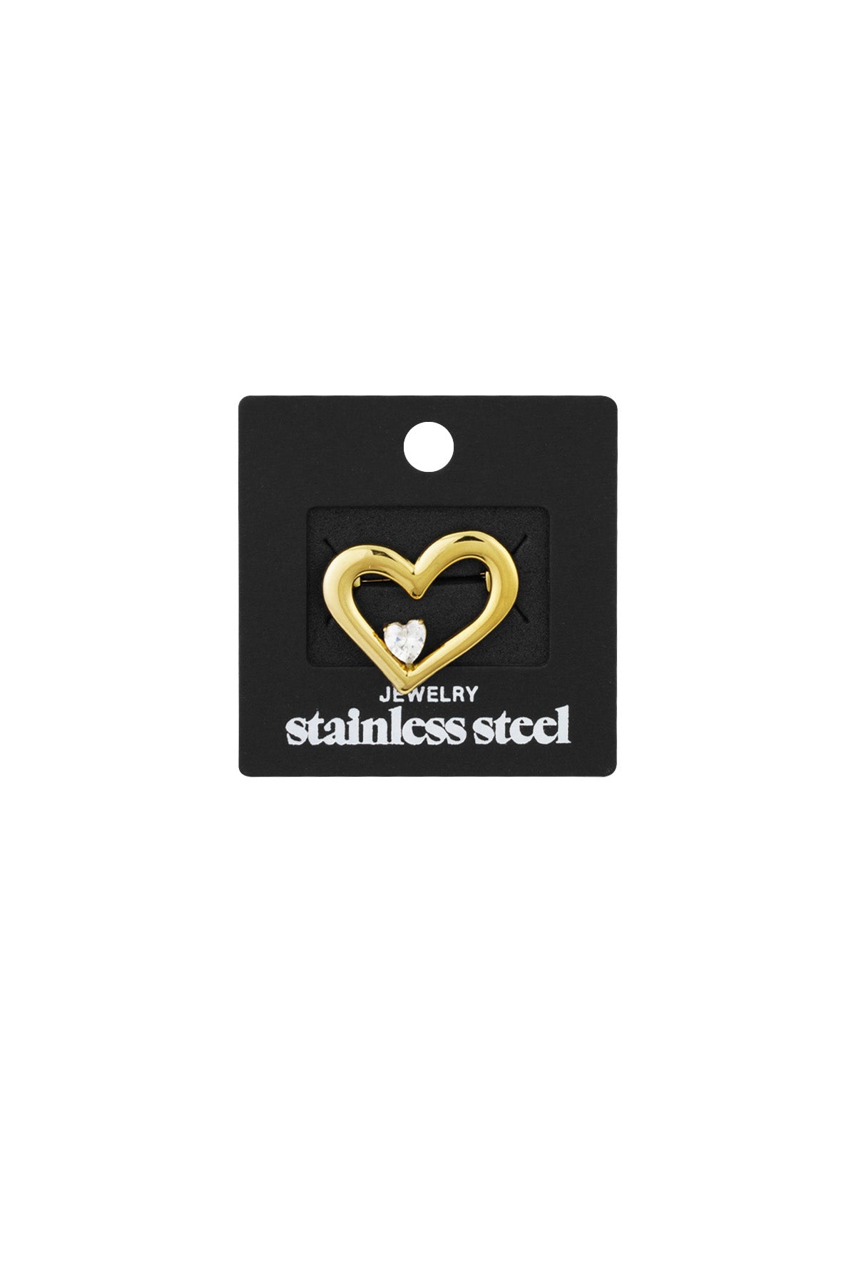 Gold heart-shaped brooch on black retail card with stainless steel label