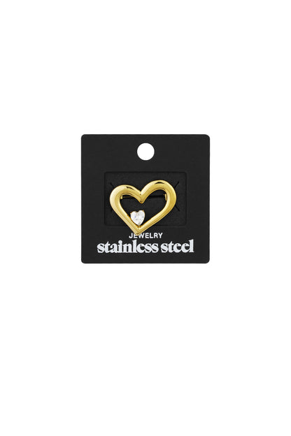Gold heart-shaped brooch on black retail card with stainless steel label
