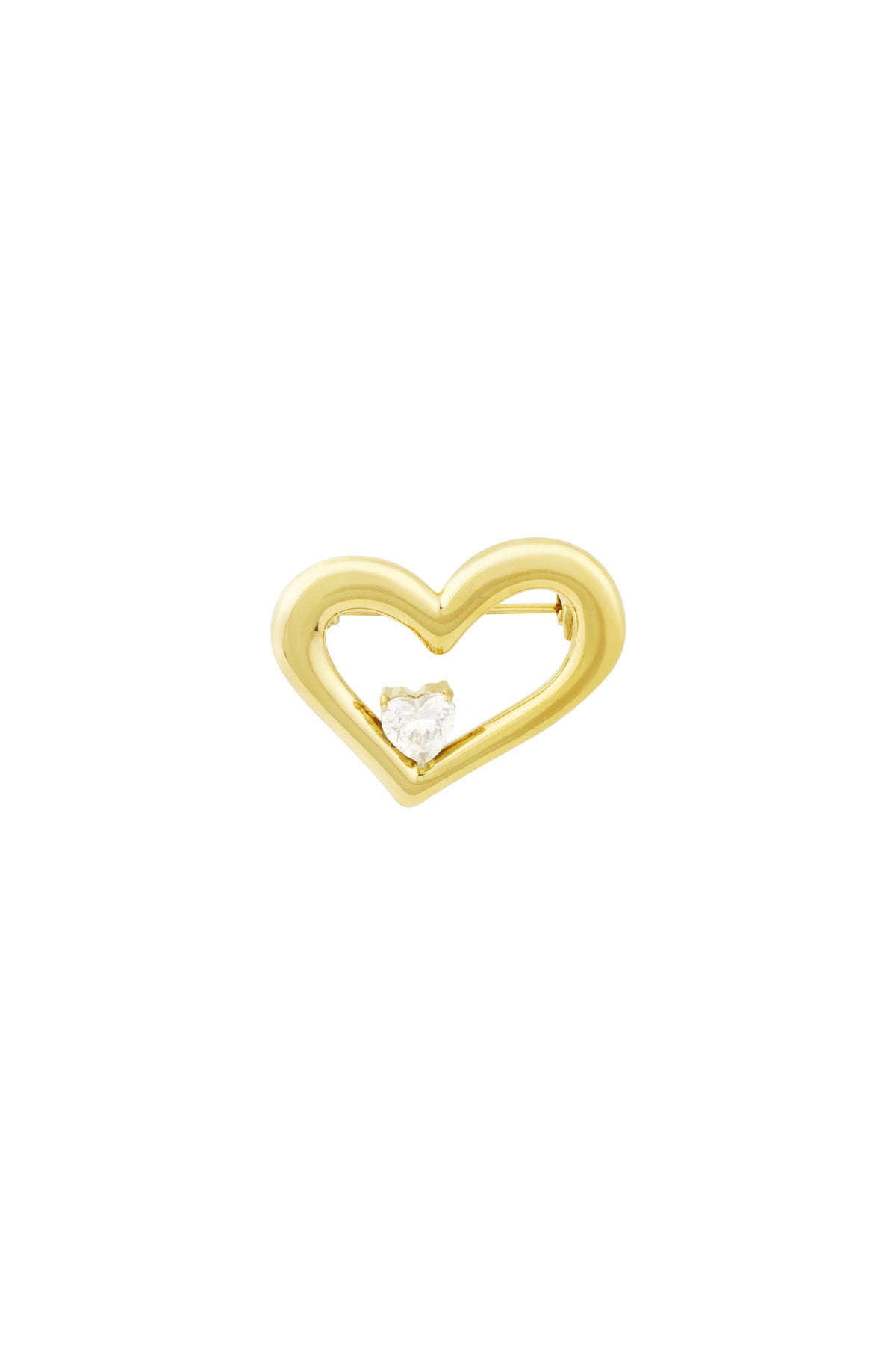 Gold heart-shaped brooch with a clear rhinestone heart accent on white background