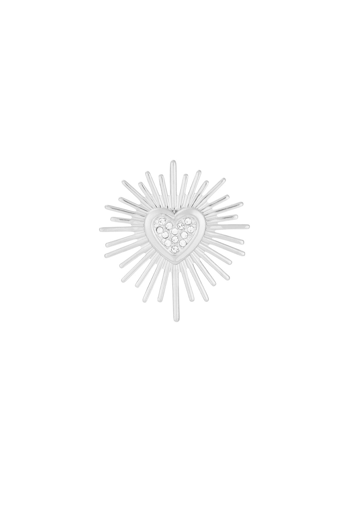 Silver tone brooch with radiant sunburst pattern and stone-studded heart centerpiece isolated on white background